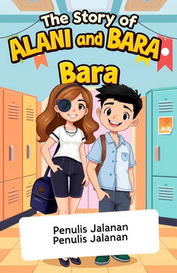 A charming high school-style book cover for the novel 'The Story of Alana and Bara' by Penulis Jalanan