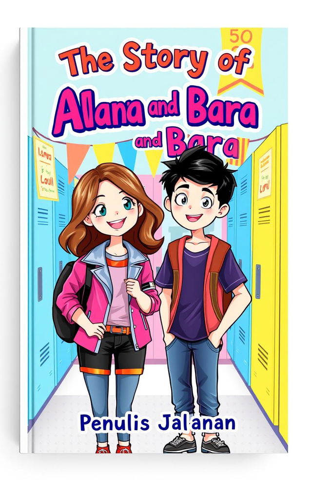 A charming high school-style book cover for the novel 'The Story of Alana and Bara' by Penulis Jalanan