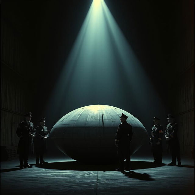 A dark and atmospheric cover image featuring a horizontally positioned Reichsflugscheibe (Nazi flying disc) housed in a dimly lit hangar