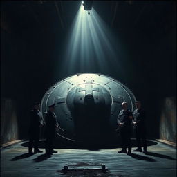 A dark and atmospheric cover image featuring a horizontally positioned Reichsflugscheibe (Nazi flying disc) housed in a dimly lit hangar