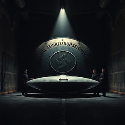 A dark and atmospheric cover image featuring a horizontally positioned Reichsflugscheibe (Nazi flying disc) housed in a dimly lit hangar