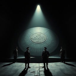 A dark and atmospheric cover image featuring a horizontally positioned Reichsflugscheibe (Nazi flying disc) housed in a dimly lit hangar