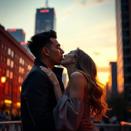 A passionate scene depicting a man and a woman sharing a romantic lip kiss