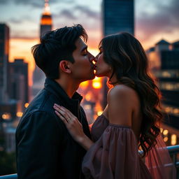 A passionate scene depicting a man and a woman sharing a romantic lip kiss