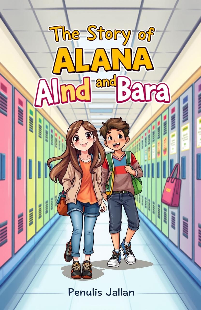 A captivating high school-style book cover for the novel 'The Story of Alana and Bara' by Penulis Jalanan