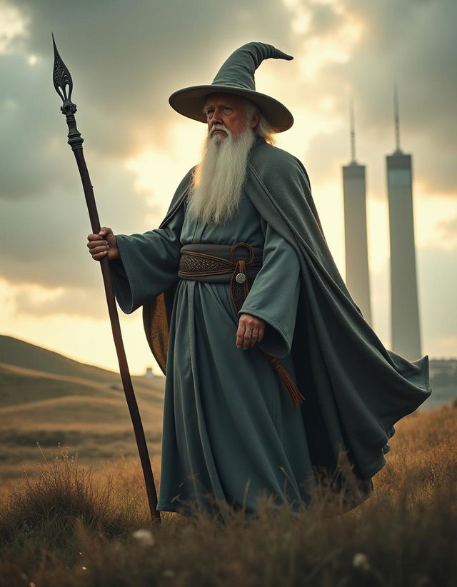 A dramatic scene featuring Donald Trump dressed as Gandalf the Grey, distinctly resembling him with his signature hairstyle and facial features