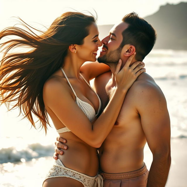 A playful and intimate scene featuring a man and a woman sharing a lighthearted kiss, where their faces are close, and their expressions convey joy and affection