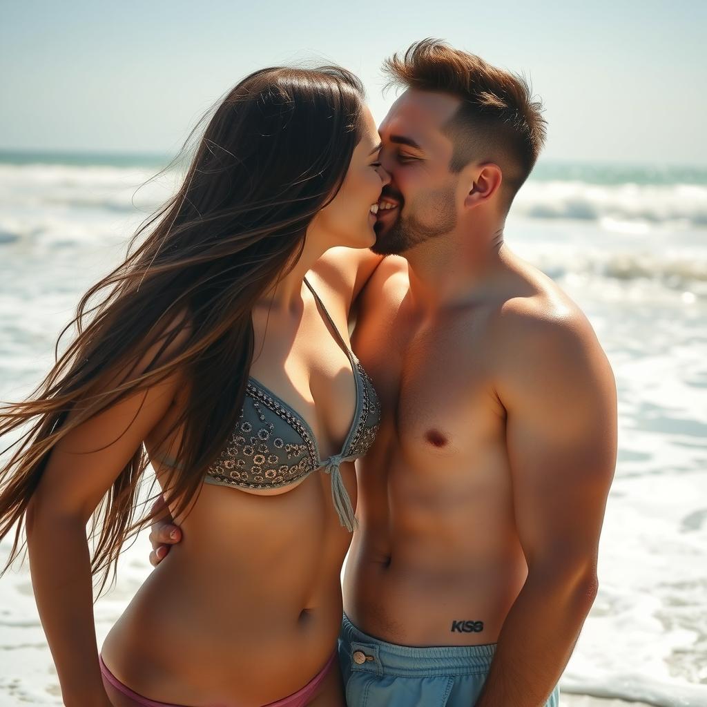 A playful and intimate scene featuring a man and a woman sharing a lighthearted kiss, where their faces are close, and their expressions convey joy and affection