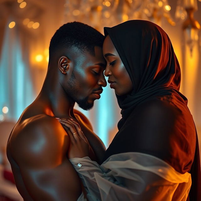 A black African man and a Muslim woman in an intimate moment, both in a beautifully lit and romantic setting