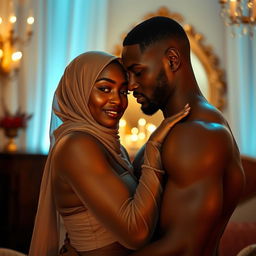 A black African man and a Muslim woman in an intimate moment, both in a beautifully lit and romantic setting