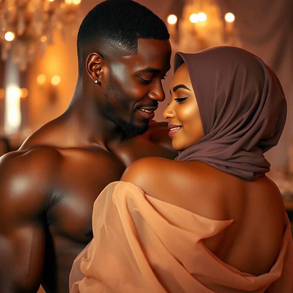 A black African man and a Muslim woman in an intimate moment, both in a beautifully lit and romantic setting