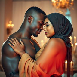 A black African man and a Muslim woman in an intimate moment, both in a beautifully lit and romantic setting