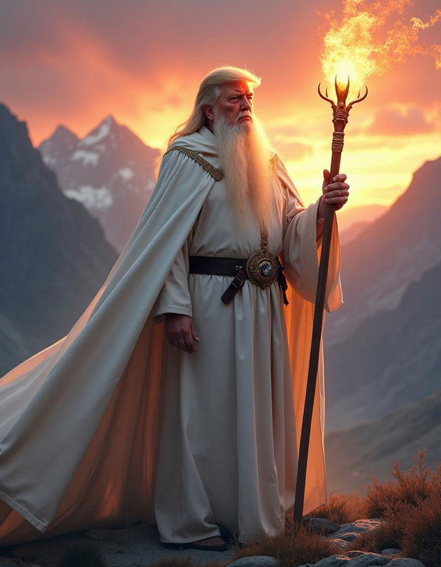 A powerful scene depicting Donald Trump as Gandalf the White, elegantly dressed in a flowing white robe and a majestic cloak, with his signature hairstyle subtly integrated into the portrayal