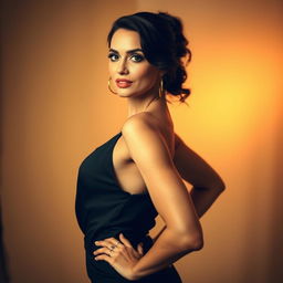 A confident woman modeling in a playful and alluring manner, showcasing her beautiful silhouette in an elegant setting