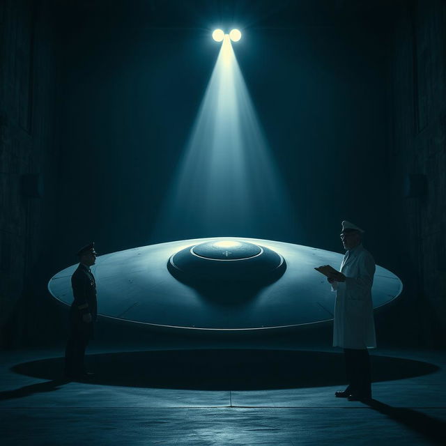 A dark and atmospheric cover image featuring a horizontally placed Reichsflugscheibe (Nazi flying disc) inside a dimly lit hangar