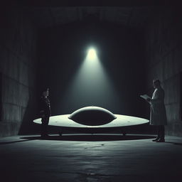 A dark and atmospheric cover image featuring a horizontally placed Reichsflugscheibe (Nazi flying disc) inside a dimly lit hangar