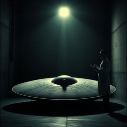 A dark and atmospheric cover image featuring a horizontally placed Reichsflugscheibe (Nazi flying disc) inside a dimly lit hangar