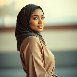 A white Muslim woman with a confident and elegant stance, highlighting her curves with a focus on her graceful posture