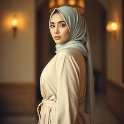 A white Muslim woman with a confident and elegant stance, highlighting her curves with a focus on her graceful posture