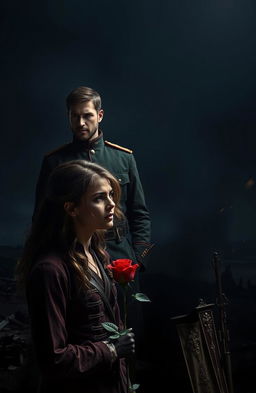 A dramatic scene capturing the unrequited love between a military commander, Lieutenant Ethan, and his soldier, Avena