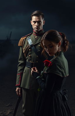 A dramatic scene capturing the unrequited love between a military commander, Lieutenant Ethan, and his soldier, Avena