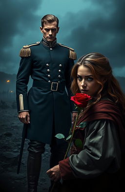 A dramatic scene capturing the unrequited love between a military commander, Lieutenant Ethan, and his soldier, Avena