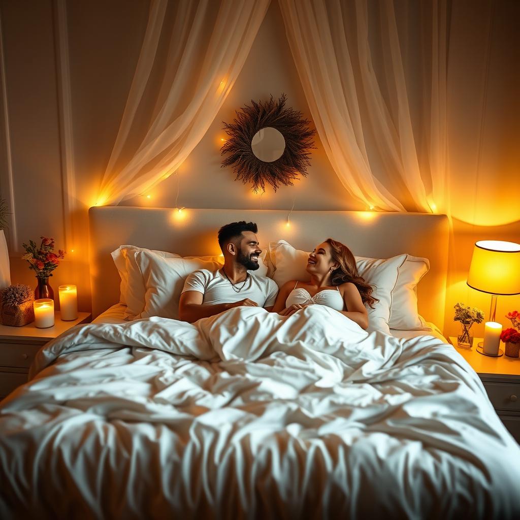 a cozy bedroom scene featuring a beautifully made bed with soft, luxurious linens, warm lighting casting a gentle glow, intimate decor such as candles and flowers, two people sharing a peaceful moment together, smiling and relaxed, in an atmosphere of love and comfort