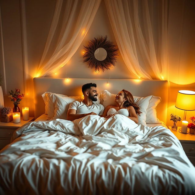 a cozy bedroom scene featuring a beautifully made bed with soft, luxurious linens, warm lighting casting a gentle glow, intimate decor such as candles and flowers, two people sharing a peaceful moment together, smiling and relaxed, in an atmosphere of love and comfort