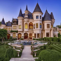 A grandiose castle-style house on a 35 kanal landscape with lavish gardens, imposing towers, expansive courtyards, and a luxurious interior design reflecting medieval splendor combined with modern amenities.