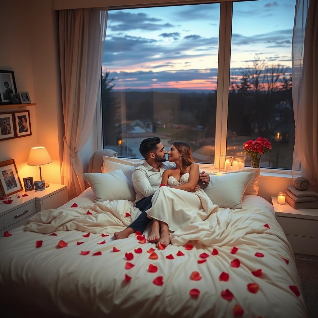 A romantic and intimate scene set in a softly lit bedroom