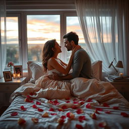 A romantic and intimate scene set in a softly lit bedroom
