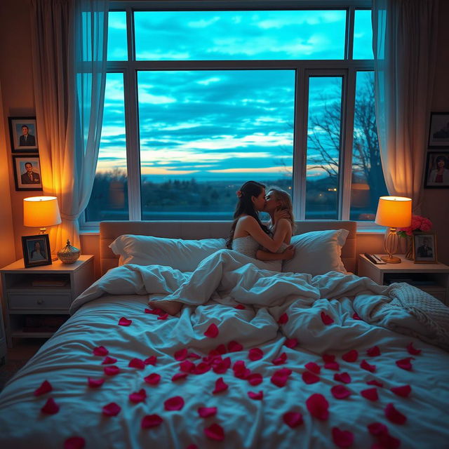 A romantic and intimate scene set in a softly lit bedroom