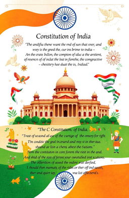 A detailed illustration representing the Constitution of India artistically designed in the form of a poem or verse