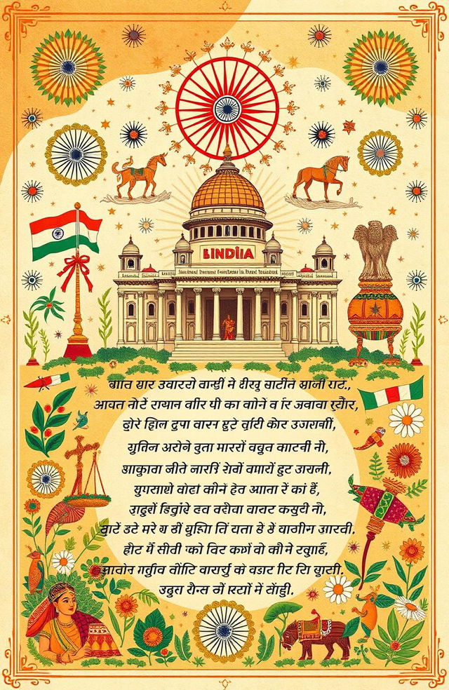 A detailed illustration representing the Constitution of India artistically designed in the form of a poem or verse