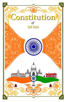 A beautifully designed cover page for the Constitution of India, featuring the national emblem at the center