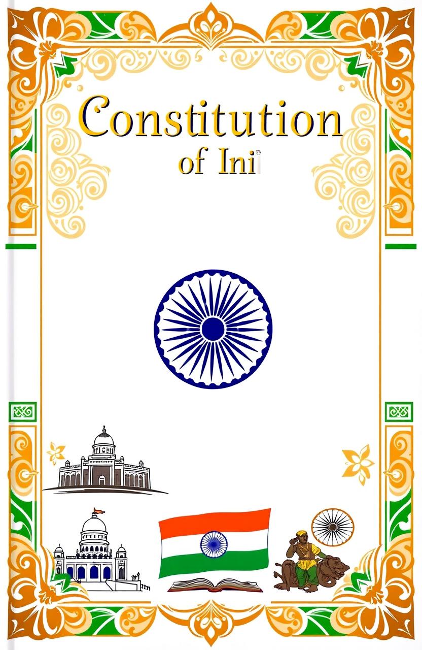 A beautifully designed cover page for the Constitution of India, featuring the national emblem at the center