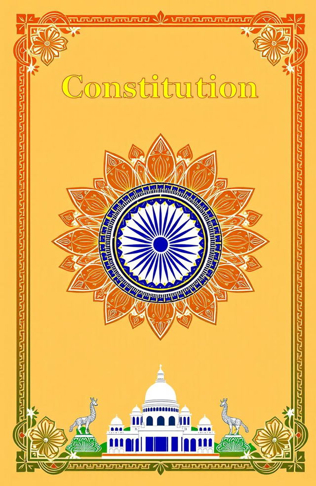 A beautifully designed cover page for the Constitution of India, featuring the national emblem at the center