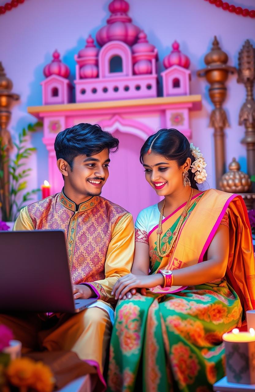 A romantic scene depicting a North Indian teenage boy and a South Indian teenage girl who met online and have fallen in love