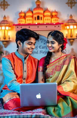 A romantic scene depicting a North Indian teenage boy and a South Indian teenage girl who met online and have fallen in love