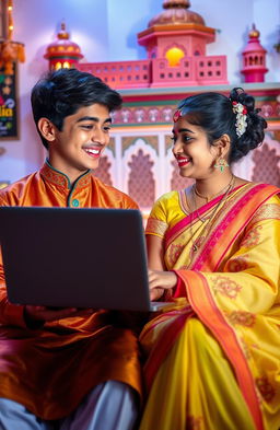 A romantic scene depicting a North Indian teenage boy and a South Indian teenage girl who met online and have fallen in love