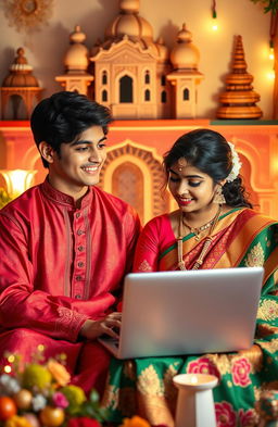 A romantic scene depicting a North Indian teenage boy and a South Indian teenage girl who met online and have fallen in love