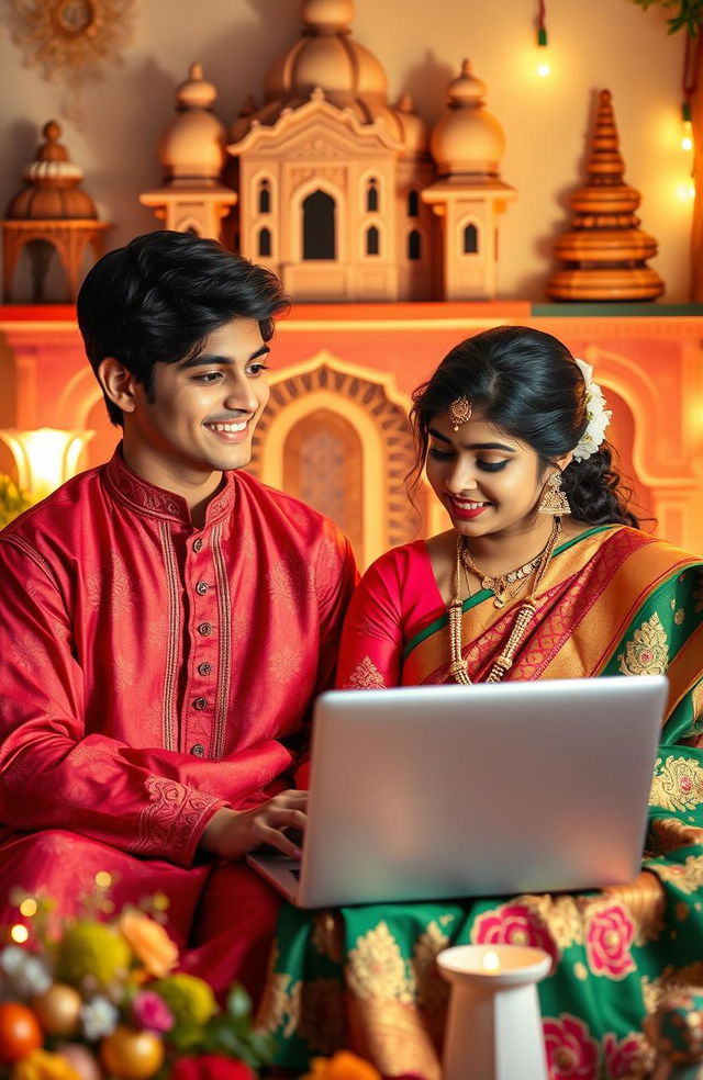 A romantic scene depicting a North Indian teenage boy and a South Indian teenage girl who met online and have fallen in love