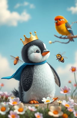 A charming scene featuring a baby penguin dressed as a cute little prince, complete with a tiny crown and royal blue cape