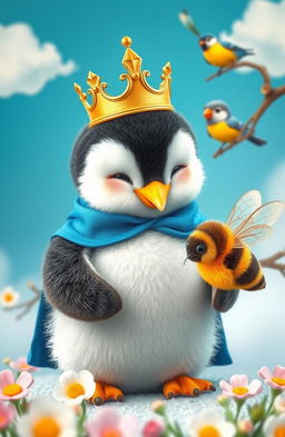 A charming scene featuring a baby penguin dressed as a cute little prince, complete with a tiny crown and royal blue cape