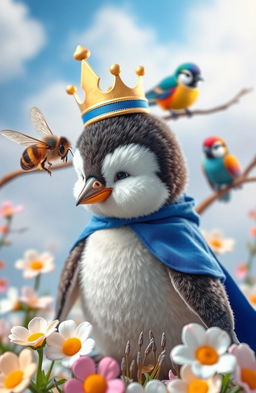 A charming scene featuring a baby penguin dressed as a cute little prince, complete with a tiny crown and royal blue cape