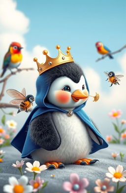 A charming scene featuring a baby penguin dressed as a cute little prince, complete with a tiny crown and royal blue cape