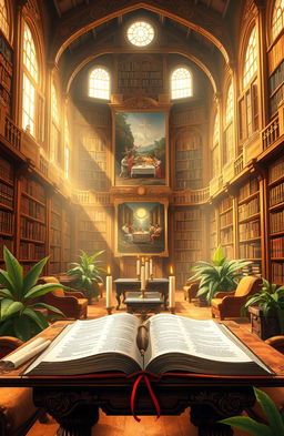 A beautiful illustration of a serene, ancient library filled with large, leather-bound books and scrolls about the Bible