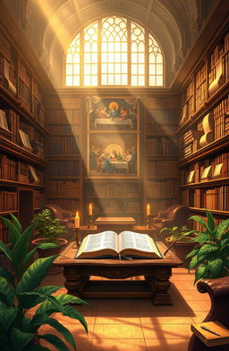 A beautiful illustration of a serene, ancient library filled with large, leather-bound books and scrolls about the Bible