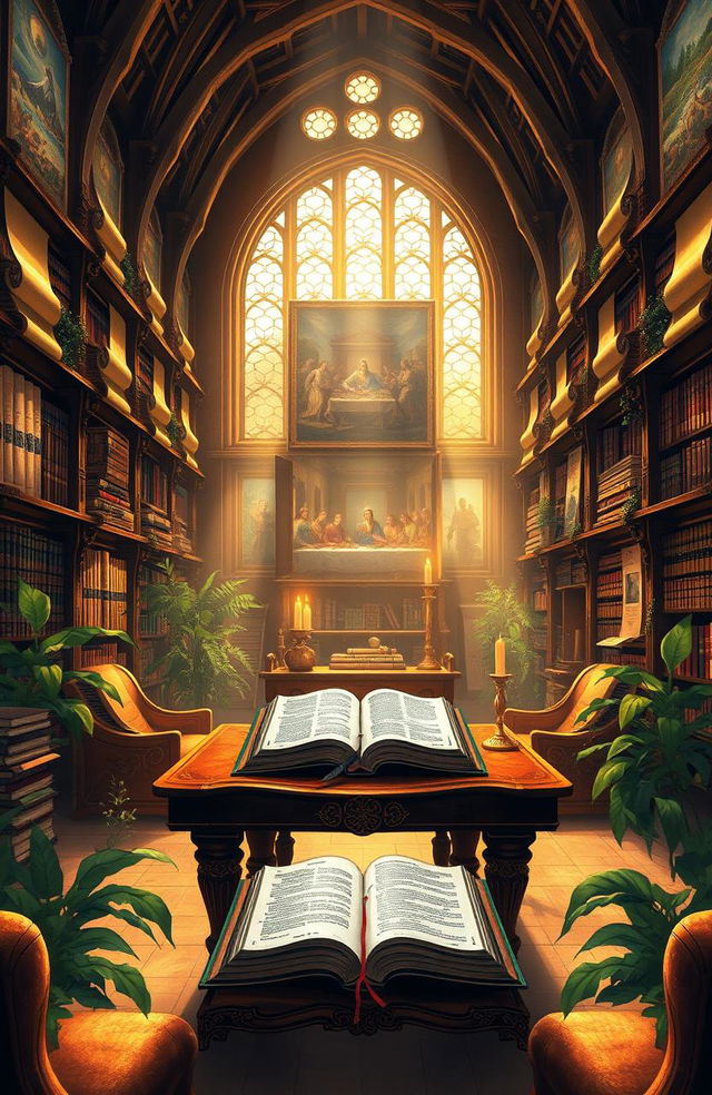 A beautiful illustration of a serene, ancient library filled with large, leather-bound books and scrolls about the Bible