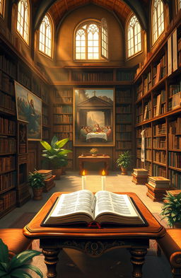 A beautiful illustration of a serene, ancient library filled with large, leather-bound books and scrolls about the Bible